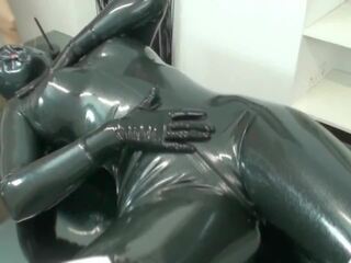 Encased In Black Latex Catsuit With Rubber Mask And Breathplay Masturbation