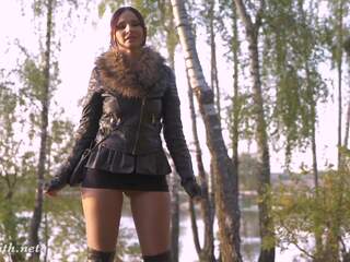 Attractive Jeny Smith shocked a biker in the forest with flashing her pussy and ass. Real situation