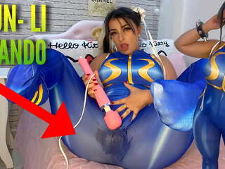 Tempting cosplay damsel dressed as Chun Li from street fighter playing with her htachi vibrator cumming and soaking her panties and pants ahegao